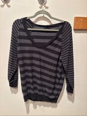 GAP Black and Gray Striped V-Neck Sweater